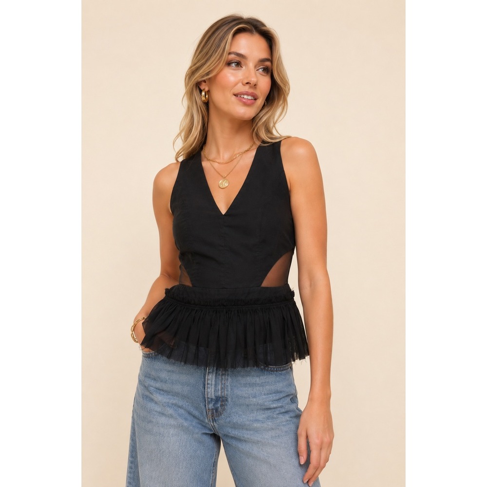 Nicole Miller Atelier Black Mesh Cutout Peplum Sleeveless Designer Top - S